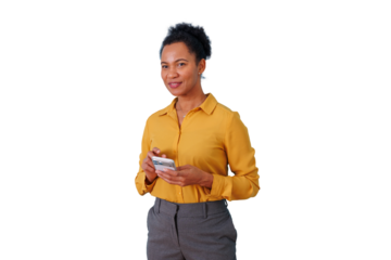 Professional african american businesswoman smiling, holding smartphone, standing, communicating, enjoying mobile technology