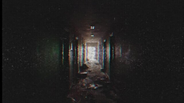 A creepy abandoned hallway with heavy glitch and static effects. Found footage style animation with VHS distortion and noise. Horror and suspense background.