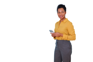 Young black businesswoman smiling, looking away, holding a cell phone, communicating and connecting, transparent background