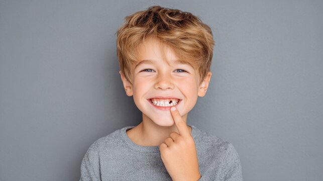 Boy with lost tooth smiles brightly while pointing at his gap