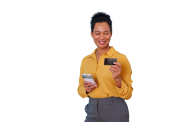 Woman holding a smartphone and credit card, smiling while making an online purchase. Transparent background