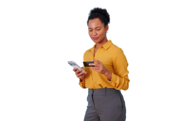 Young black woman making online payment using smartphone and credit card, shopping with transparent background