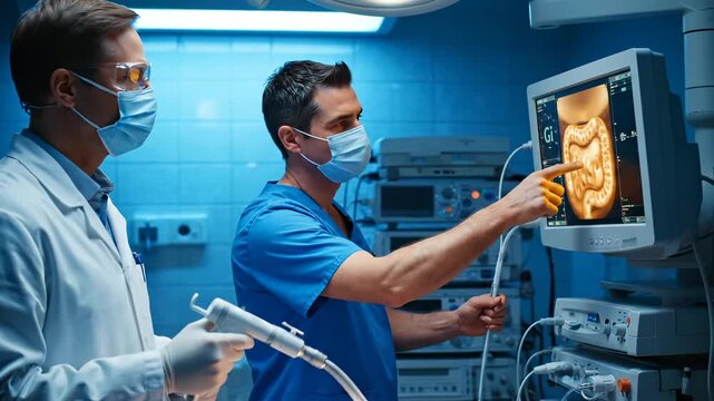 Surgeon points at intestine on monitor during endoscopy. Doctor holds endoscope in operating room. Surgeon examines intestine with doctor. Endoscopy procedure shows intestine on screen. Doctor and