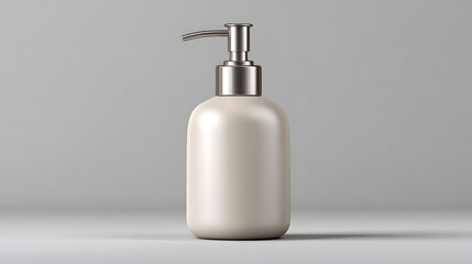 White lotion soap dispenser bottle with silver pump top standing on light gray background product mockup