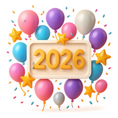 Vibrant balloons and stars celebrate the year 2026 in gold