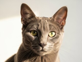 Closeup of a gray cat with green eyes looking directly at the camera