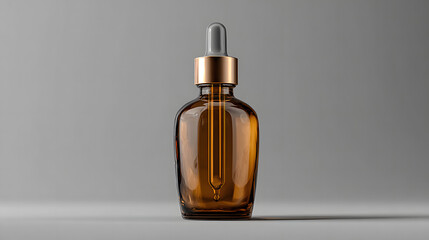 Amber glass dropper bottle with gold cap on gray background for cosmetic serum or essential oil mockup