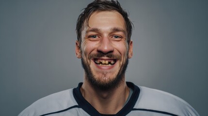 Smiling hockey player with missing teeth shows enthusiasm and team spirit in a studio setting
