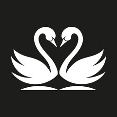 Two swan birds icon silhouette. White vector logo of a cygnets. Illustration side view isolated on black background