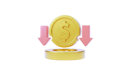 Gold Coin with Downward Arrows Illustrating Financial Decline