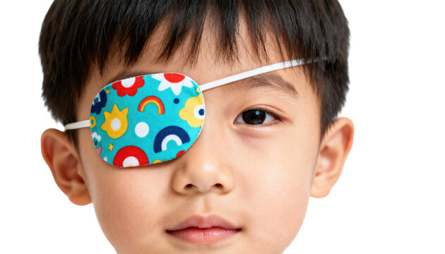 Closeup photo of a childs stronger eye covered by a fun patterned eye patch against white background symbolizing eye patch therapy to strengthen the weaker eye.