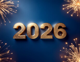 Sylwestrowe tło ze złotym napisem 2026 i fajerwerkami na niebieskim tle