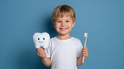 Young boy smiling while holding a plush tooth and a toothbrush against a blue background
