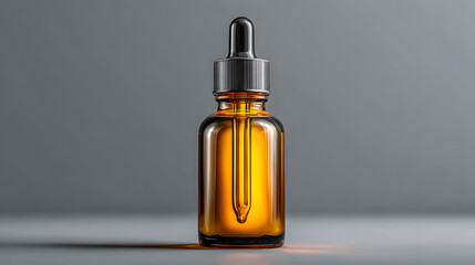 Amber glass dropper bottle for essential oils or serum products featuring medicine pipette on dark grey studio background with warm glow