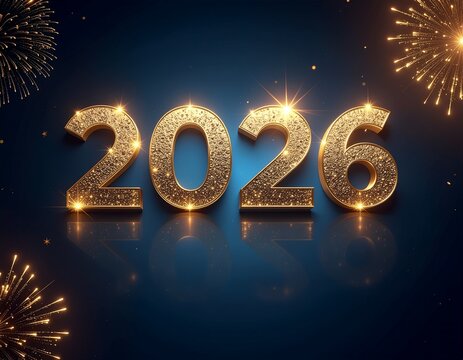 Sylwestrowe tło ze złotym napisem 2026 i fajerwerkami na niebieskim tle