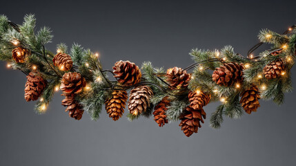 A festive Christmas garland adorned with pinecones and warm fairy lights on a dark gray background, perfect for holiday decorations and seasonal ambiance