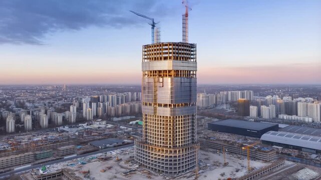 Skyscraper construction timelapse: urban development and city growth from day to night