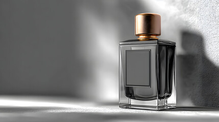 Sophisticated black glass perfume bottle with a textured bronze cap and blank label, casting elegant shadows on a monochromatic surface