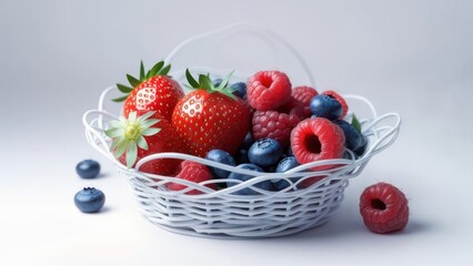 Strawberries raspberries blueberries in wicker basket