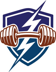 Power Fitness Logo with Lightning Bolt, Barbell and Shield Icon