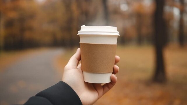 Autumn Coffee Moment &ndash; Hand Holding Disposable Cup on Tree-Lined Pathway with Fall Colors