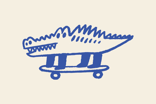 Crocodile on skateboard naive doodle bold line vector illustration