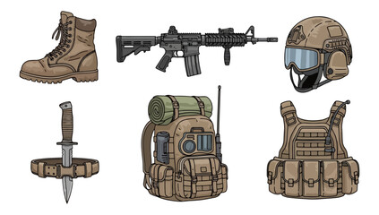 Military equipment set boots rifle helmet knife backpack and vest