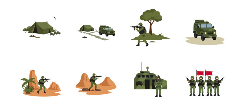 Military elements illustration green vehicles soldiers tents