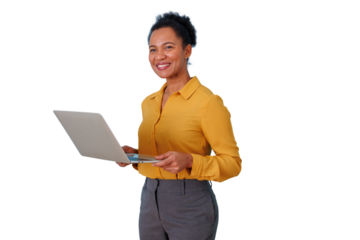 Happy professional black woman smiling, holding laptop, working remotely, using technology, transparent background