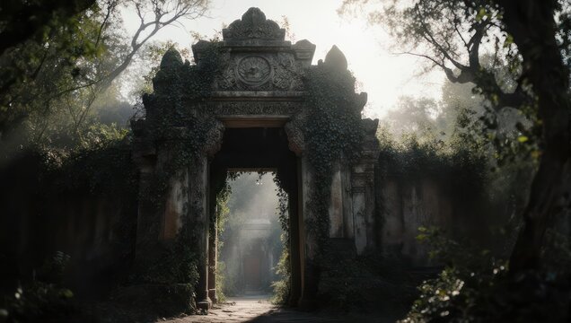 Ancient Stone Temple Gate in Misty Jungle with Sunbeams.