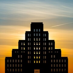 Silhouetted skyscraper at sunset