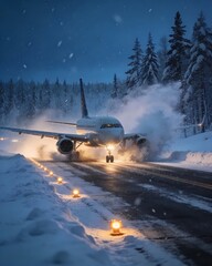 Large Commercial Airplane Landing on Wet Snowy Runway During Winter Storm