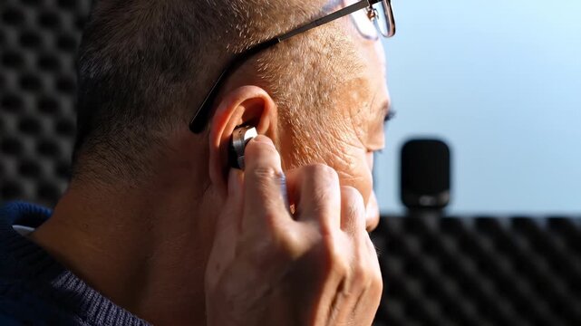 Man adjusts wireless earbud in ear near microphone for recording. Person inserts bluetooth headphone. Man uses earbud for audio work. Wireless technology with microphone and earbud setup.