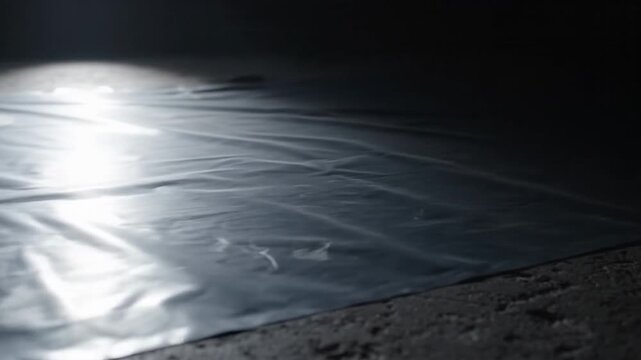 Silver grey reflective sheeting material with light reflections on a textured surface