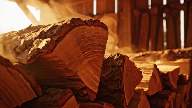 Stacked cedar logs with visible rings and bark, emitting a warm, pleasant aroma in a rustic, sunlit environment