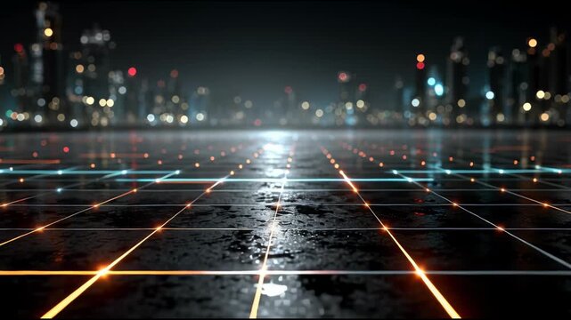 Futuristic Cityscape with Neon Grid Floor.