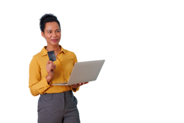 Woman holding credit card and laptop, buying products online, enjoying digital payment convenience on a transparent background