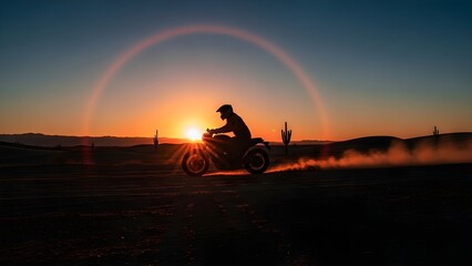 Motorcyclist riding through a sunset with a rainbow