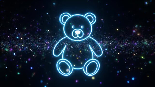 Glowing neon blue teddy bear, digitally illustrated against a dark, cosmic background of vibrant, sparkling stardust. Evokes childhood wonder and playful nostalgia