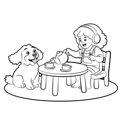 Black and White Line Art of Little Girl Having a Tea Party With Her Dog