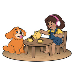 Little Girl Having a Tea Party With Her Dog &ndash; Cute Children&rsquo;s Illustration