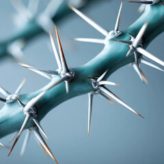 Close up of cactus spines forming geometric patterns, showcasing sharp details and blue green hue. image highlights intricate and natural design of plant