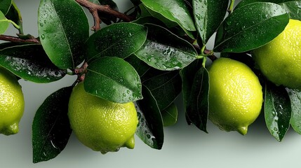 Lemons hang from a branch surrounded by shiny green leaves. Water droplets add freshness to the scene. This shows the lemons growing in a natural environment, indicating healthy growth