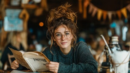 A young woman sits in a cafe during the morning. She reads a newspaper while others chat and enjoy their drinks. The atmosphere is lively with many people present