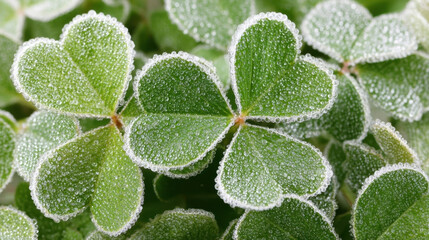 Close up of clover leaves covered in dew, symbolizing good luck and freshness. droplets create sparkling effect on green leaves, enhancing their natural beauty