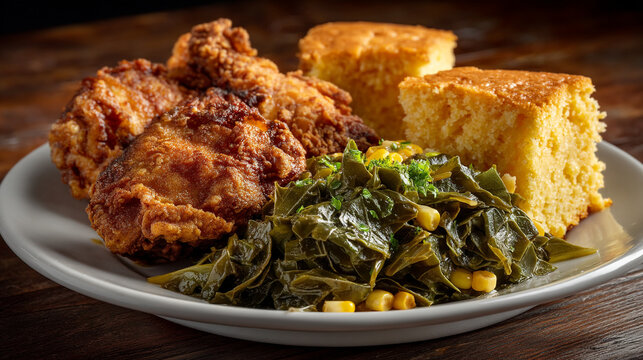 A plate of traditional Southern cuisine featuring fried chicken collard greens with corn and cornbread on a wooden table