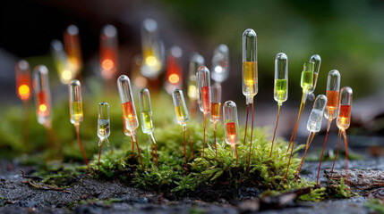Miniature glowing biosensors embedded in moss create vibrant, futuristic scene. colorful lights contrast with natural green, evoking sense of innovation and harmony with nature