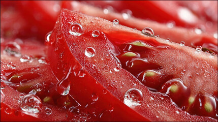 Close up of fresh tomato slices with water droplets, showcasing vibrant red color and juicy texture. image highlights natural freshness and appetizing appeal of tomatoes
