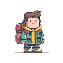 Obraz premium Friendly cartoon boy student with a large backpack is wearing a green jacket and yellow hoodie, looking forward with a happy smile in a cute, simple vector illustration style