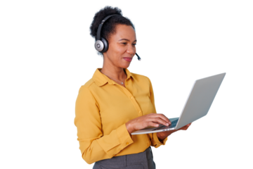 Woman wearing a headset and typing on a laptop, representing remote work, technical support, or online learning, transparent background